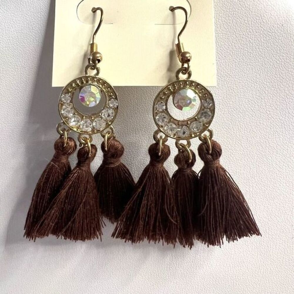 CRYSTAL COLLECTION Brown Tassel Earrings Bohemian Boho Drop Crystal Earrings - Picture 2 of 9